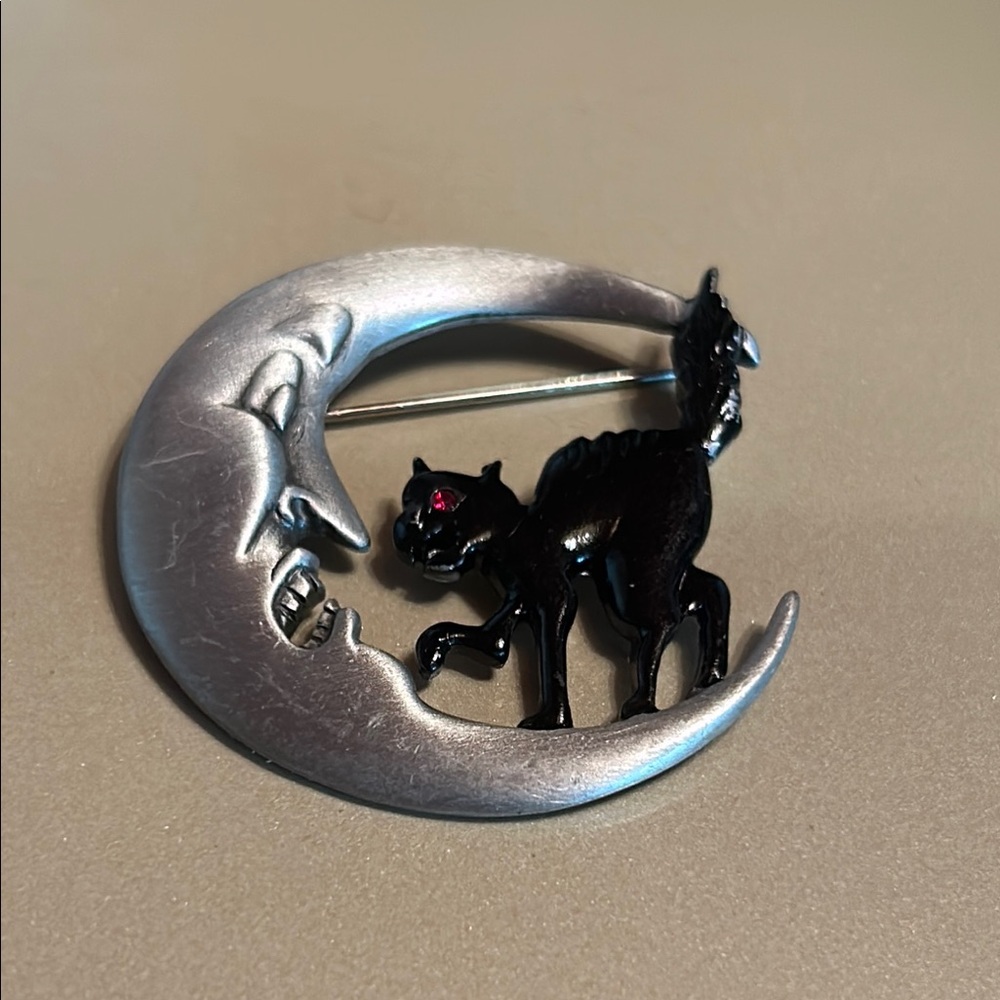 JJ Silver Moon and Black Cat Brooch